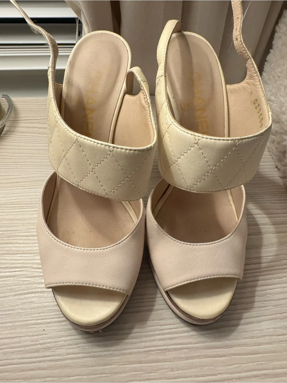 CHANEL Cream Platform Wood Block Slingback Heels CC LOGO